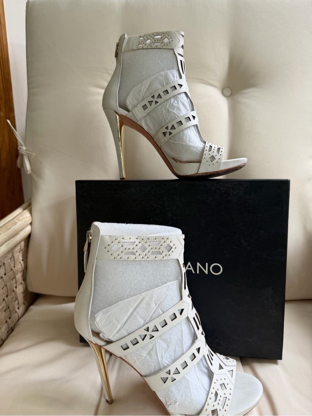Marciano White and Gold Cutout Stiletto Sandal